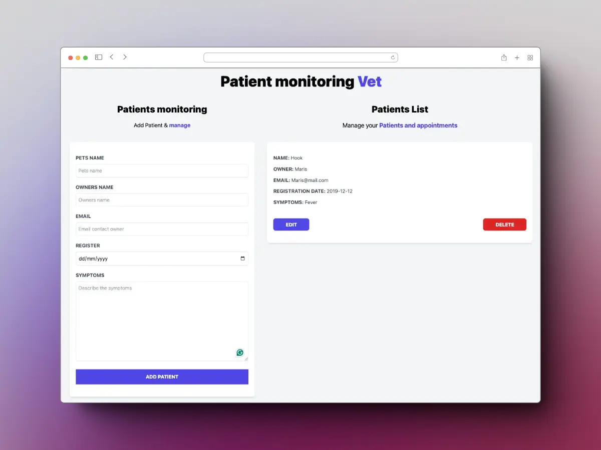 Screenshot of the project Vet React App